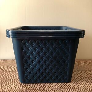 Large Plastic Stackable Bins Dark Blue Woven Design Set of 3